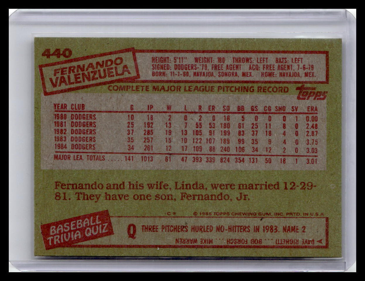 1985 Topps #440 Fernando Valenzuela