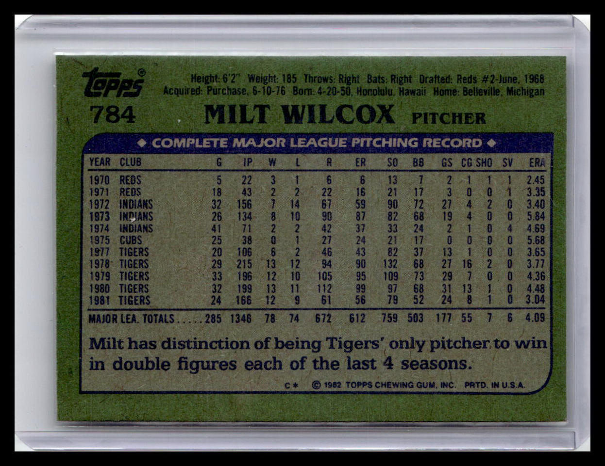 1982 Topps #784 Milt Wilcox Blackless