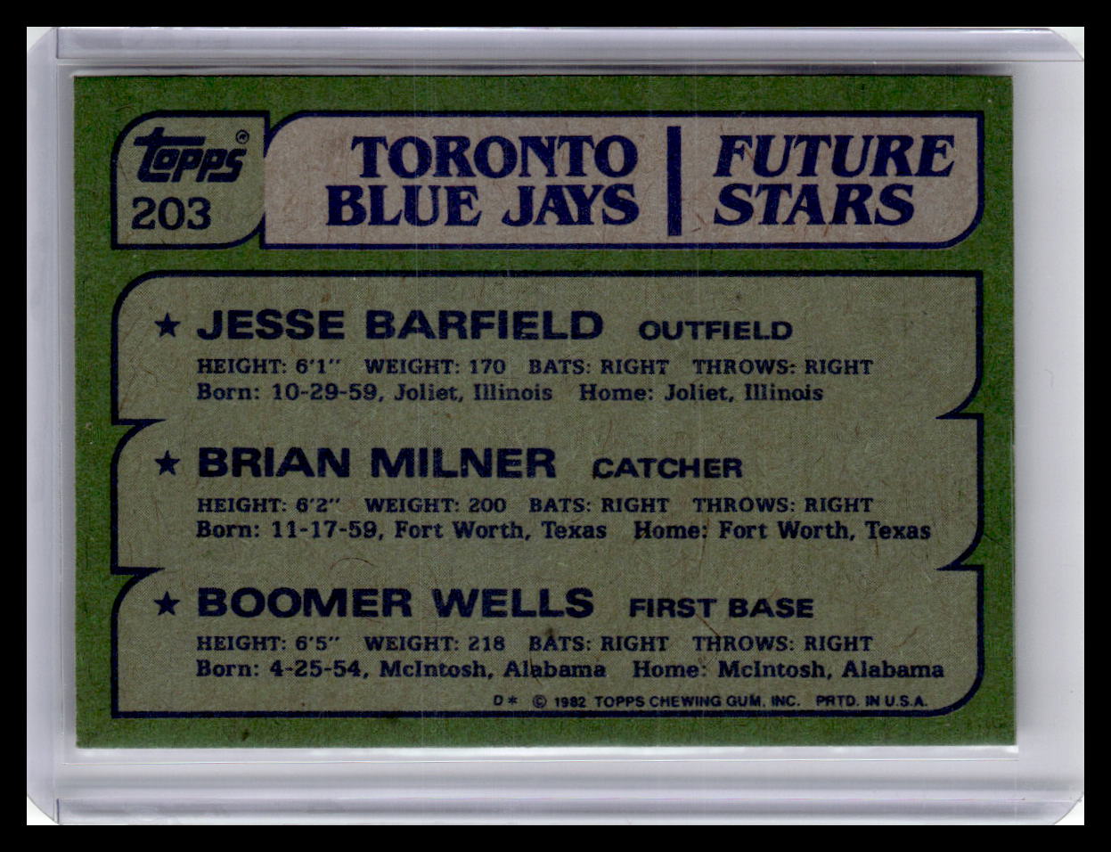 1982 Topps #203 Jesse Barfield/Brian Milner/Boomer Wells