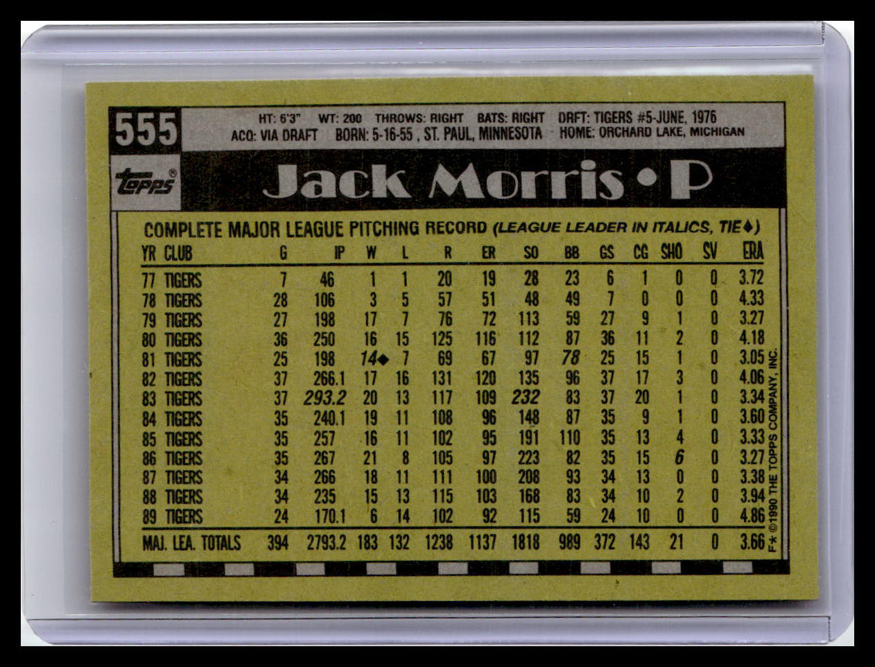 1990 Topps #555 Jack Morris