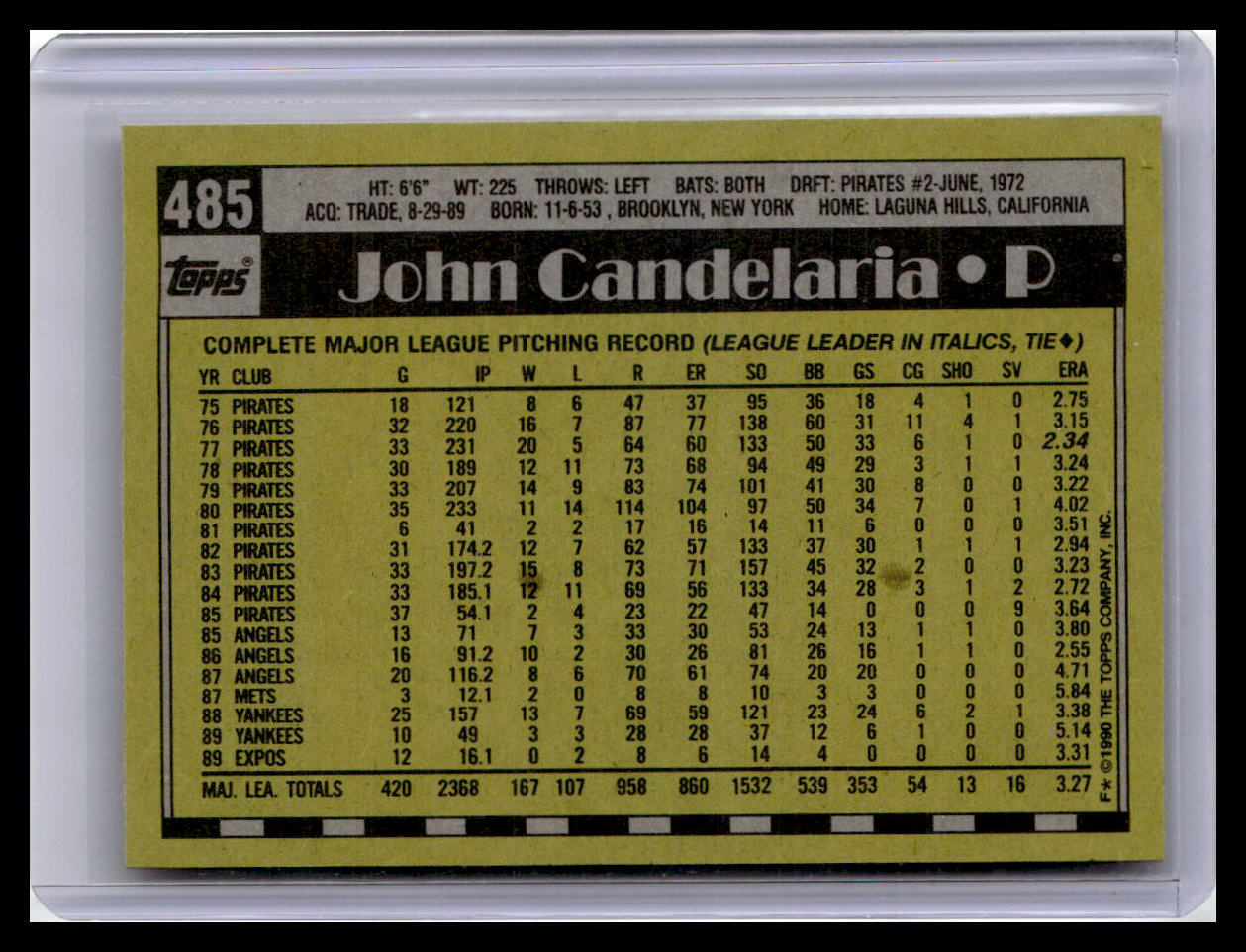 1990 Topps #485 John Candelaria