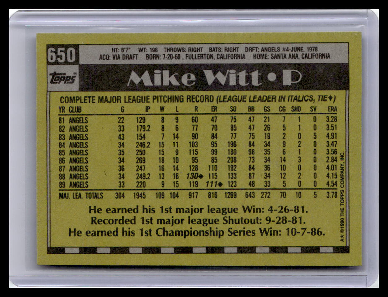 1990 Topps #650 Mike Witt