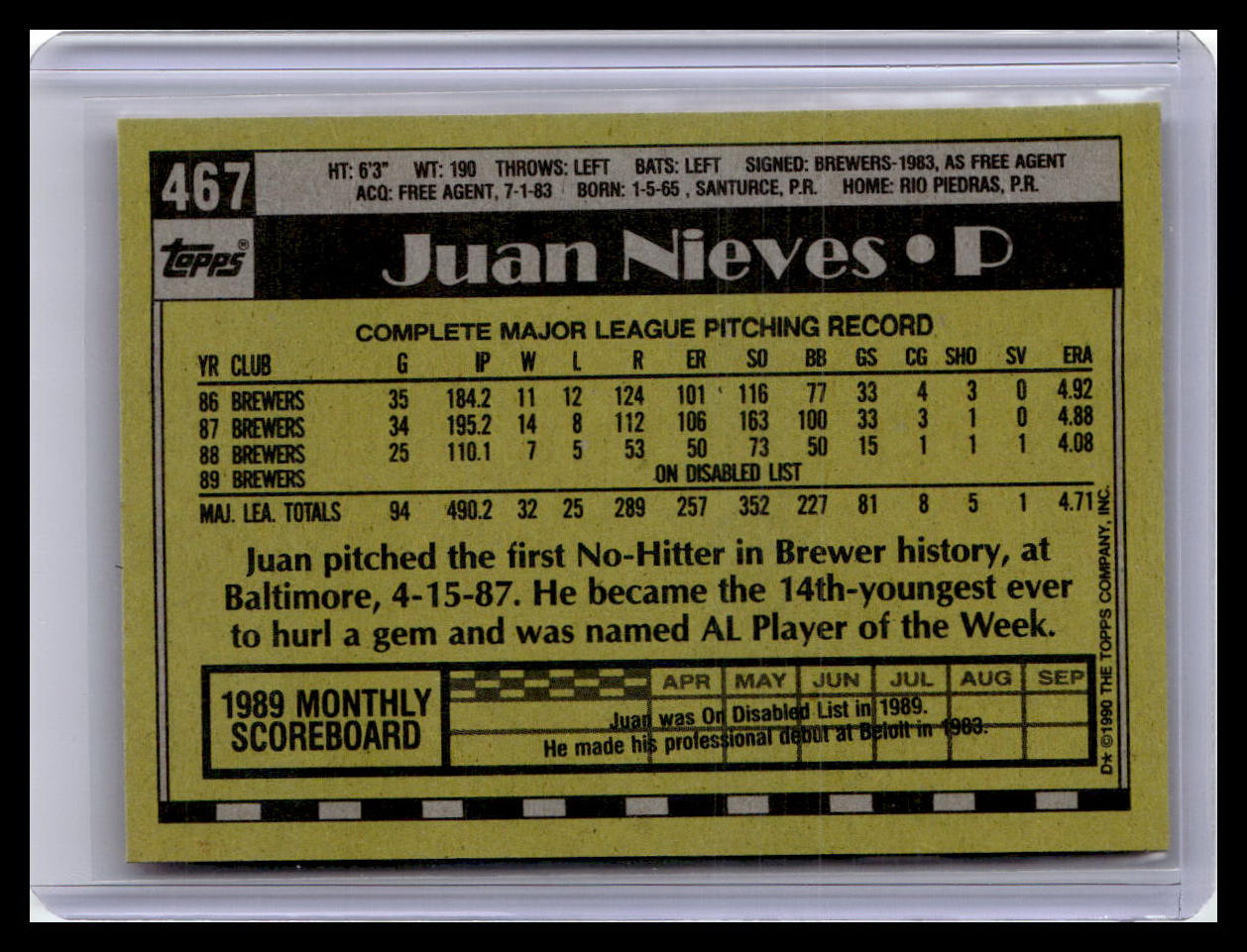 1990 Topps #467 Juan Nieves