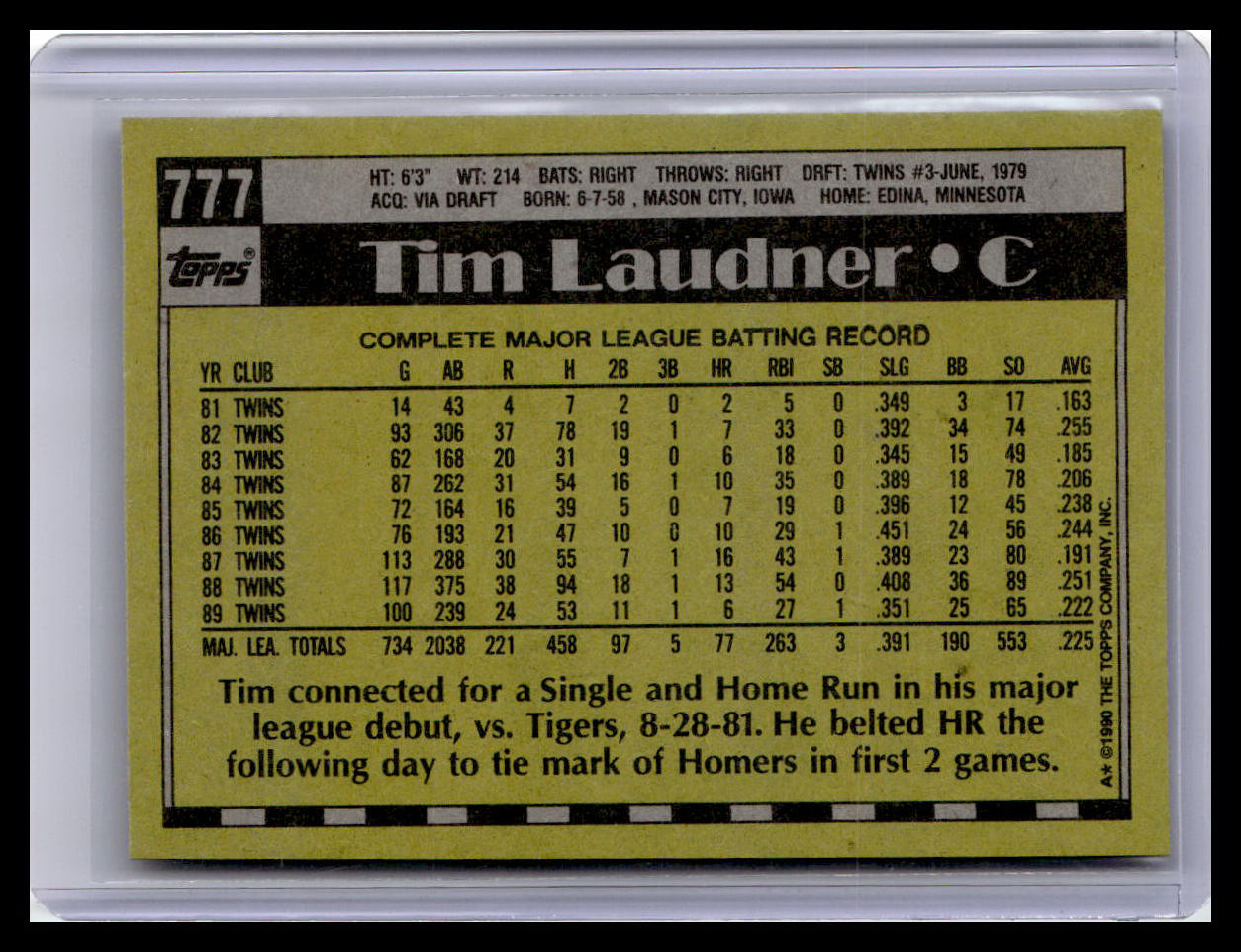 1990 Topps #777 Tim Laudner