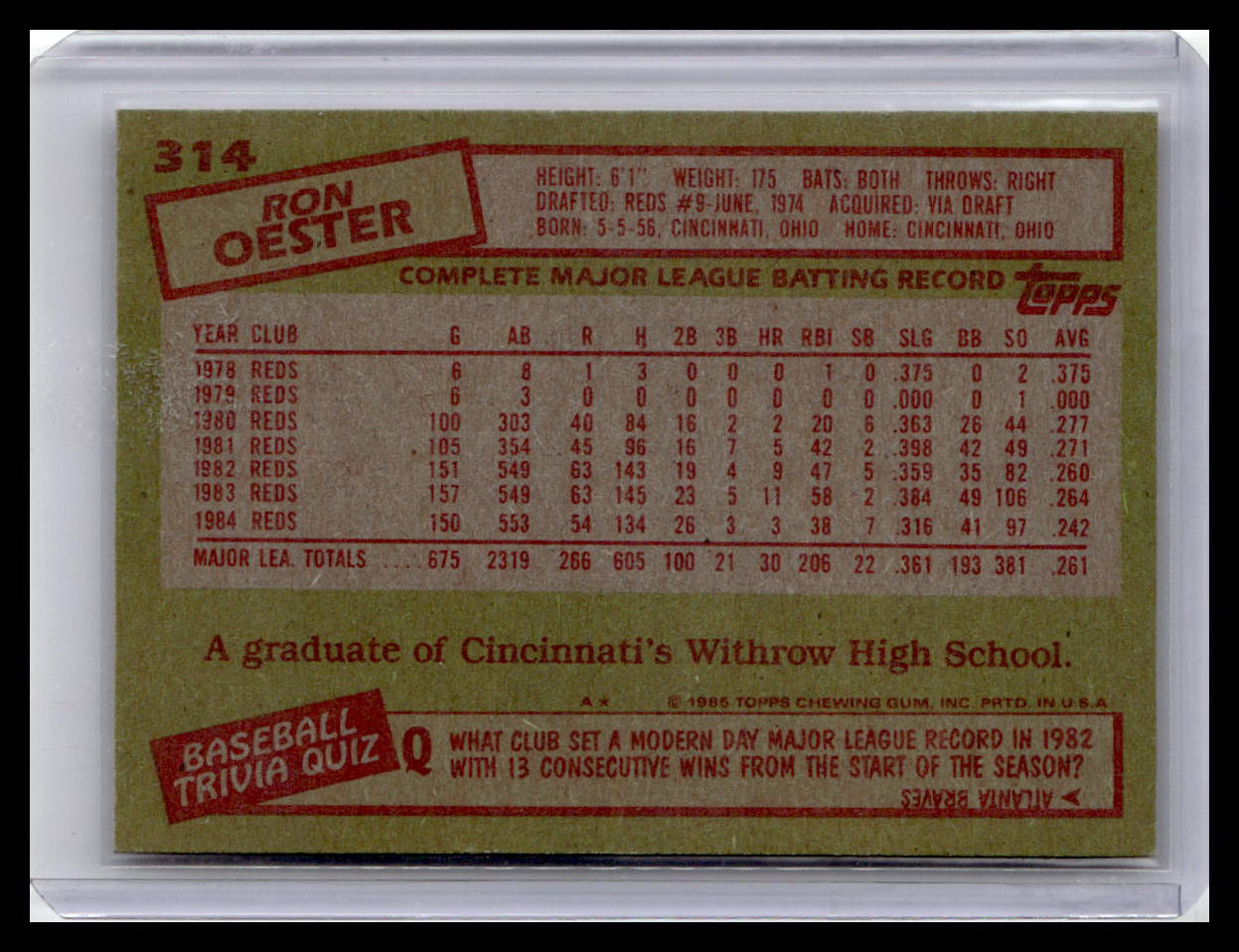 1985 Topps #314 Ron Oester