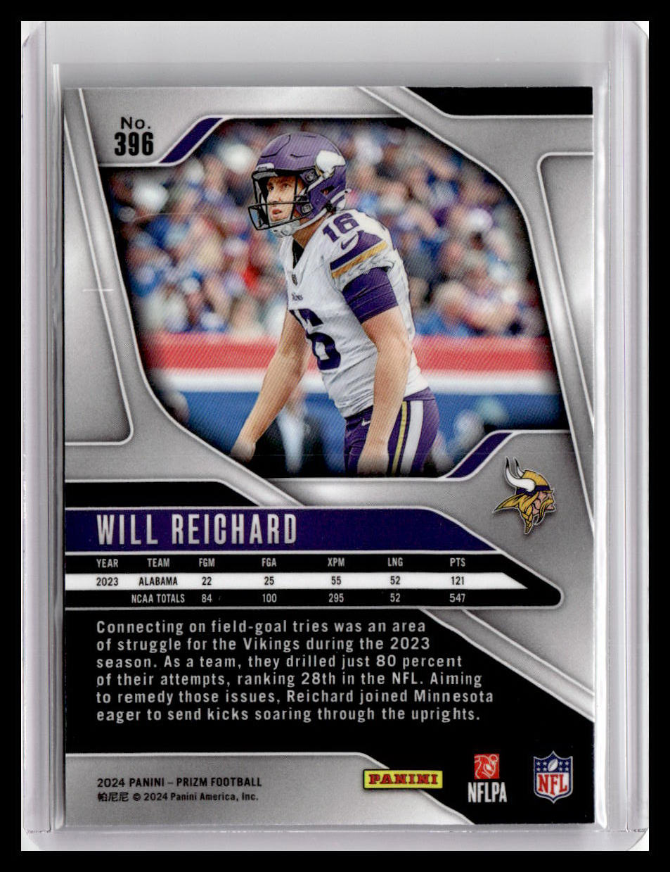 Football trading card of Will Reichard with player information and team logos.