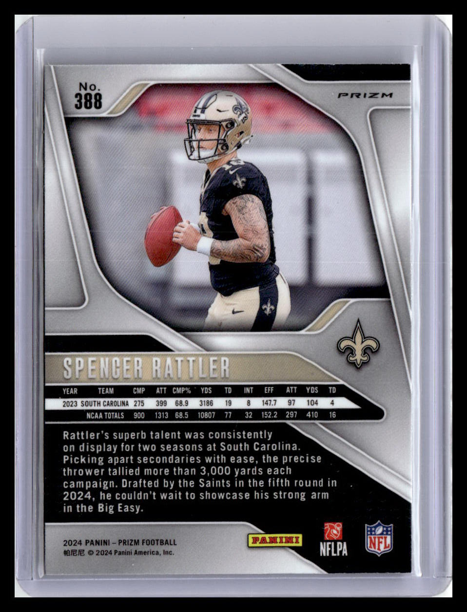 Football trading card of Spencer Rattler with team logo and player information.