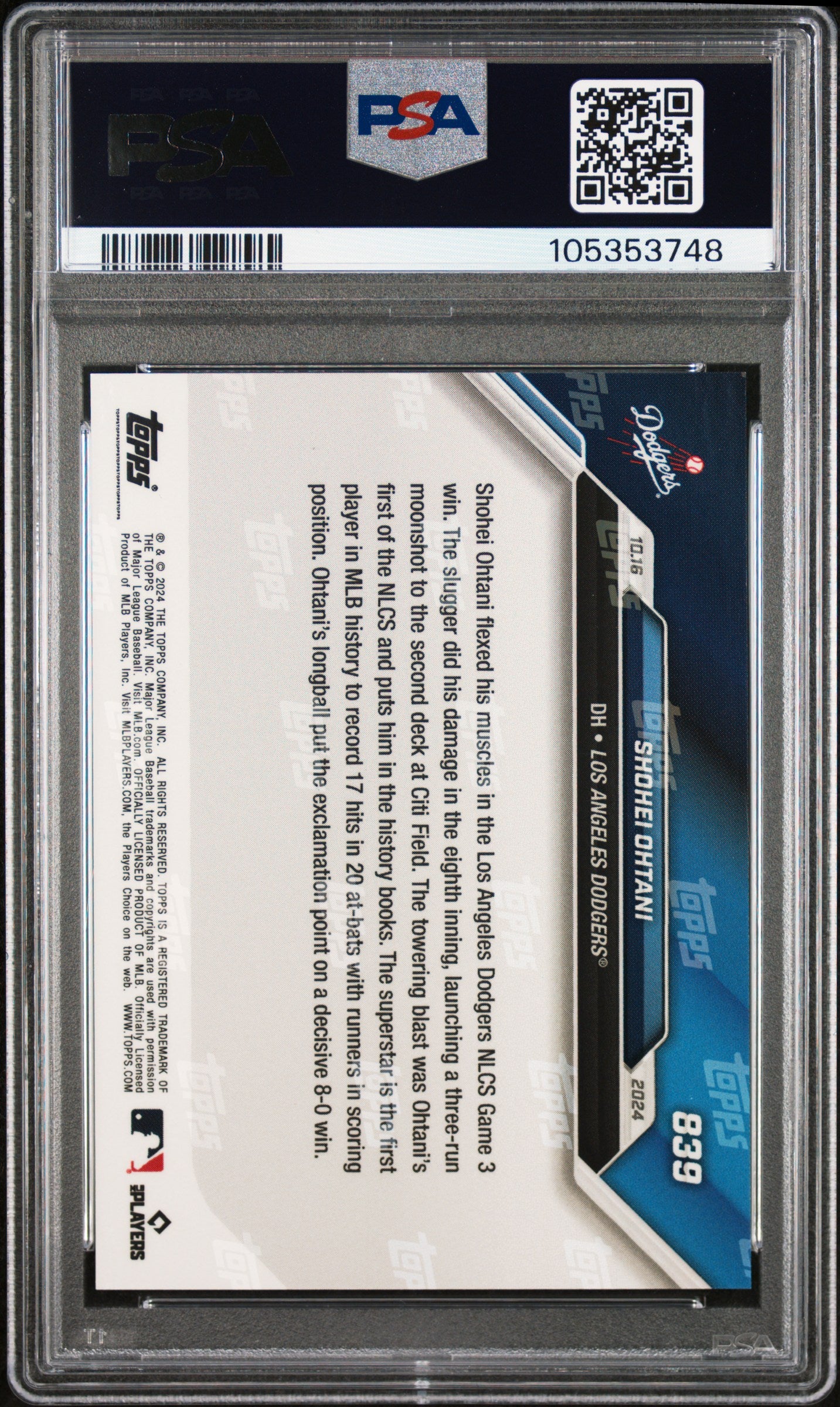 2024 Topps Now #839 Shohei Ohtani PSA 10