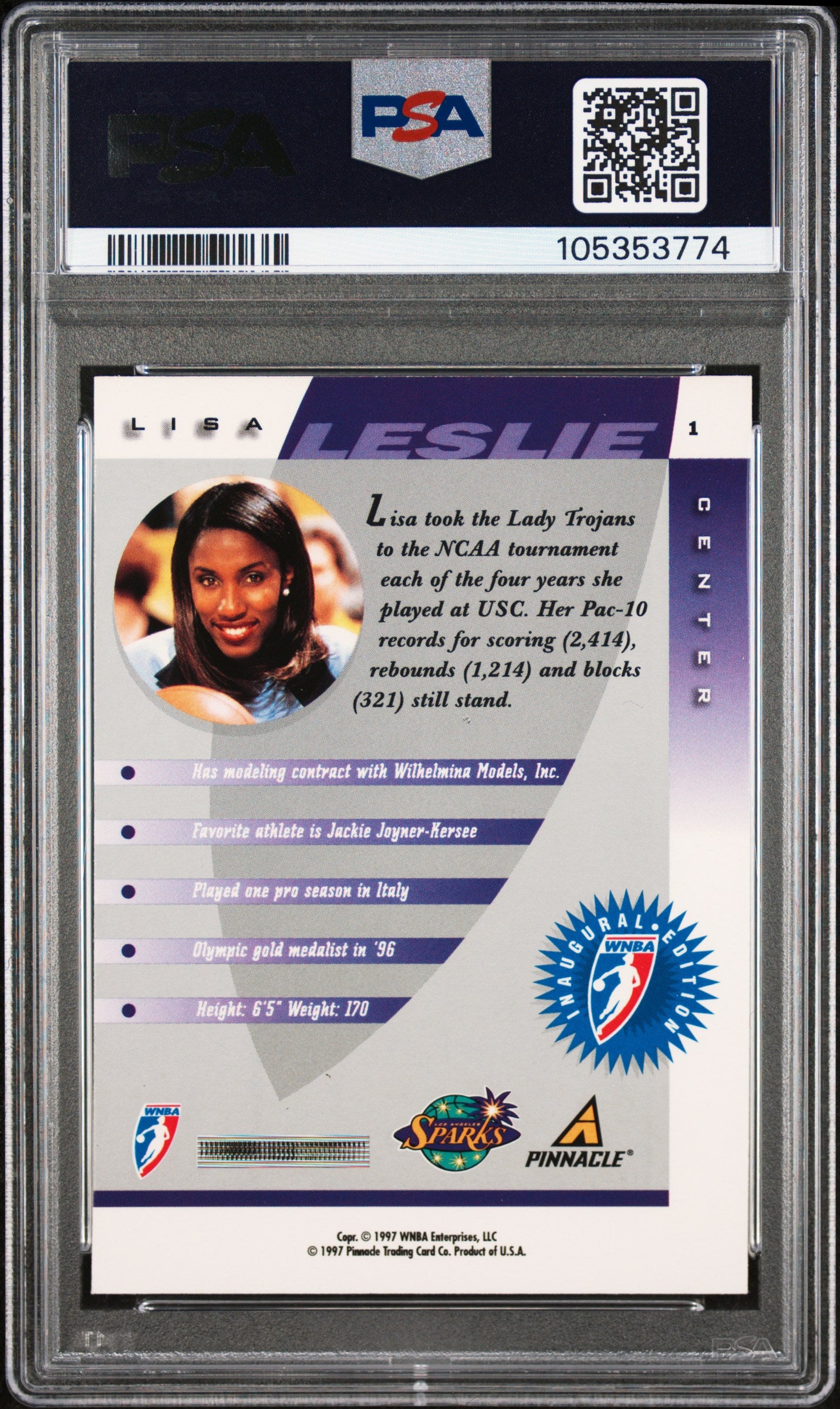 1997 Pinnacle Inside Wnba #1 Lisa Leslie PSA 8