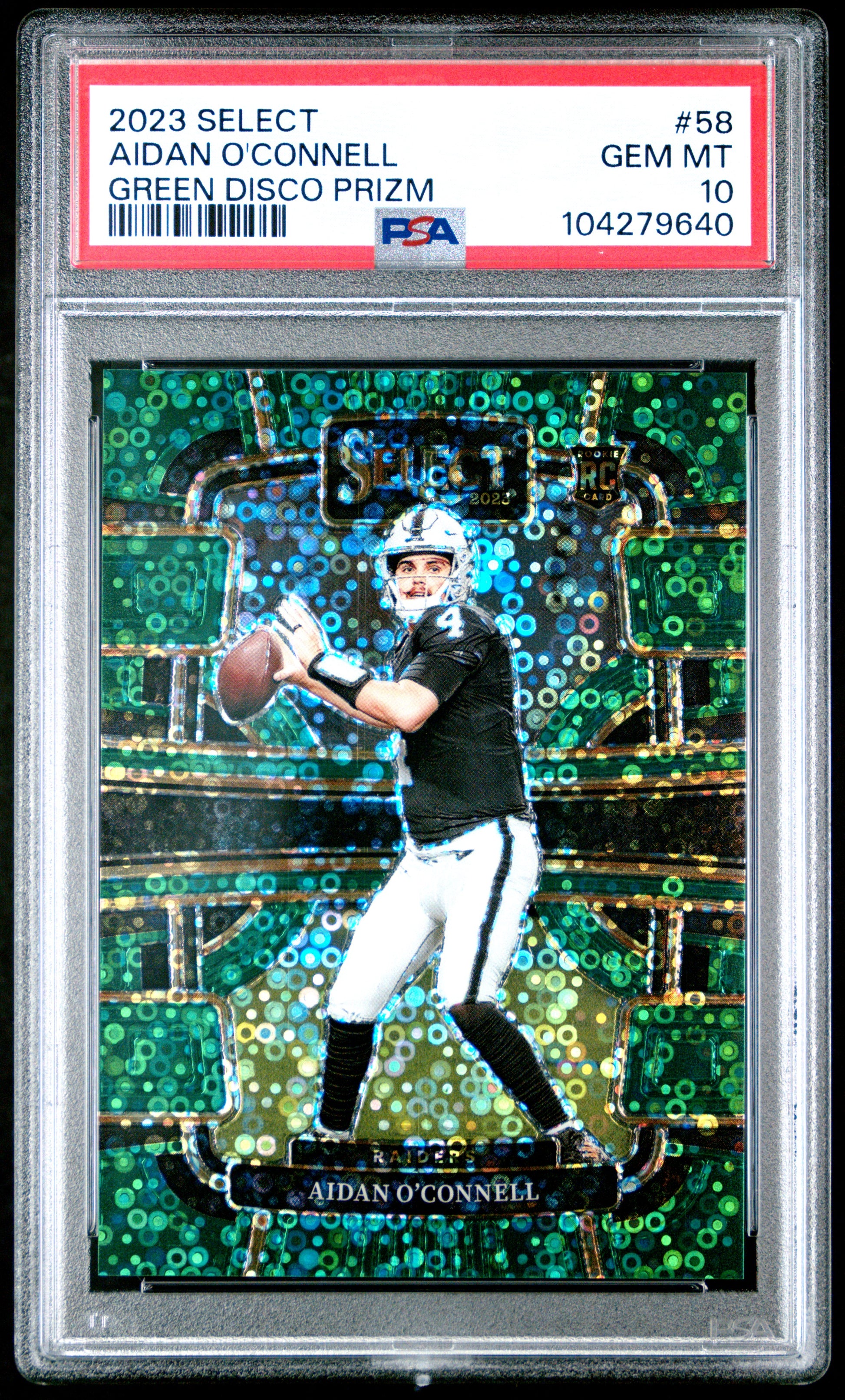 2023 Panini Select #58 Aidan O'Connell Green Disco Prizm PSA 10