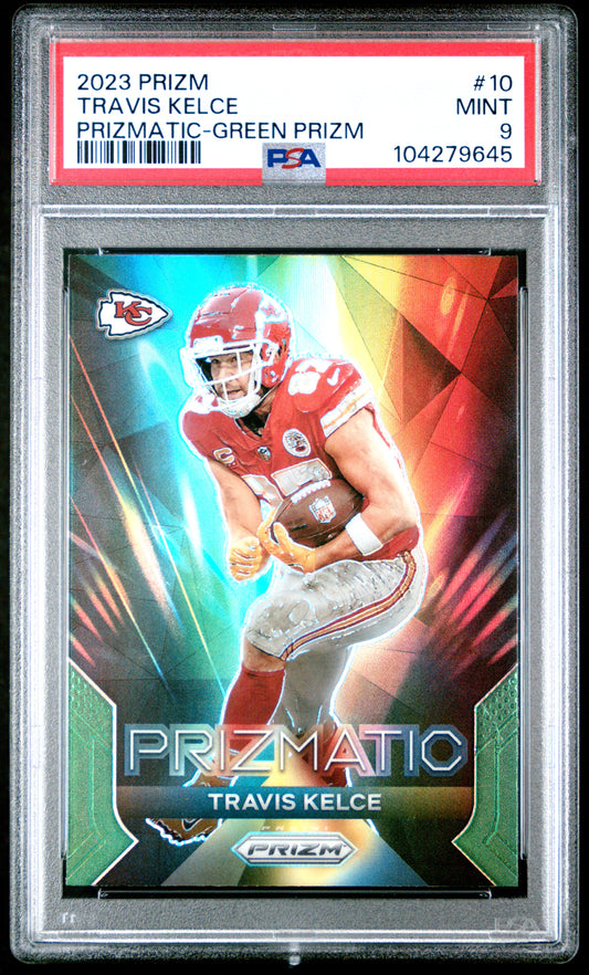 2023 Panini Prizm Prizmatic #10 Travis Kelce Prizmatic-Green Prizm PSA 9
