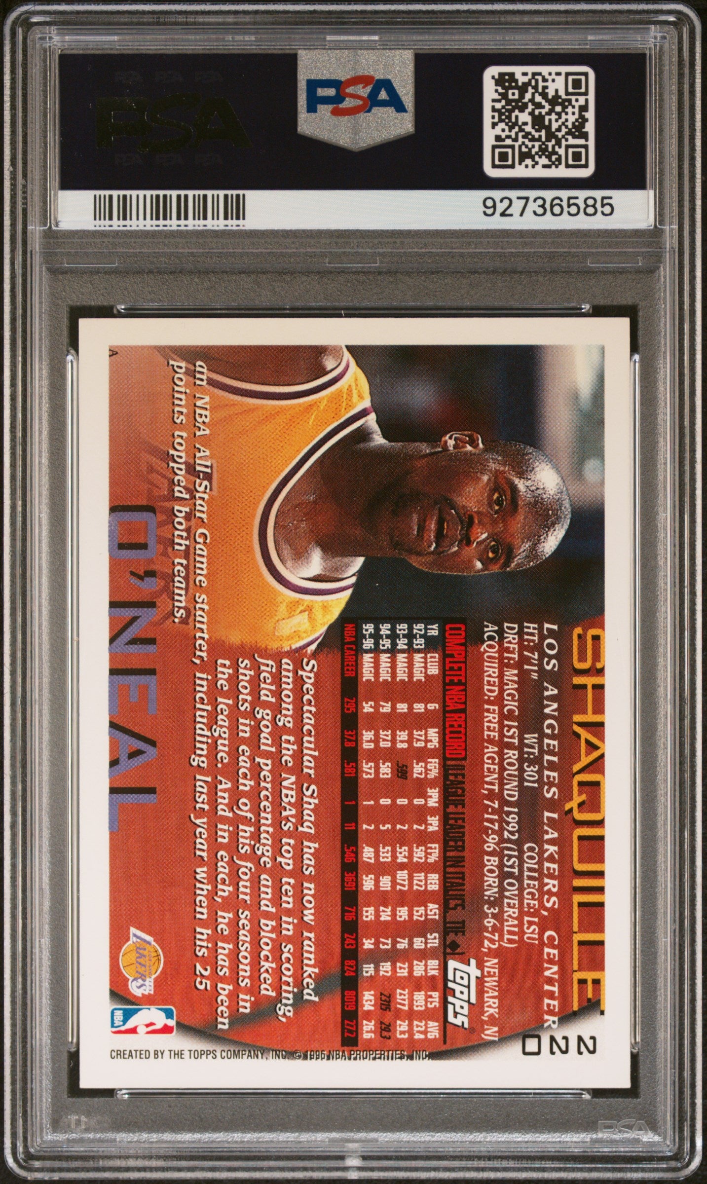 1996 Topps #220 Shaquille O'Neal PSA 10