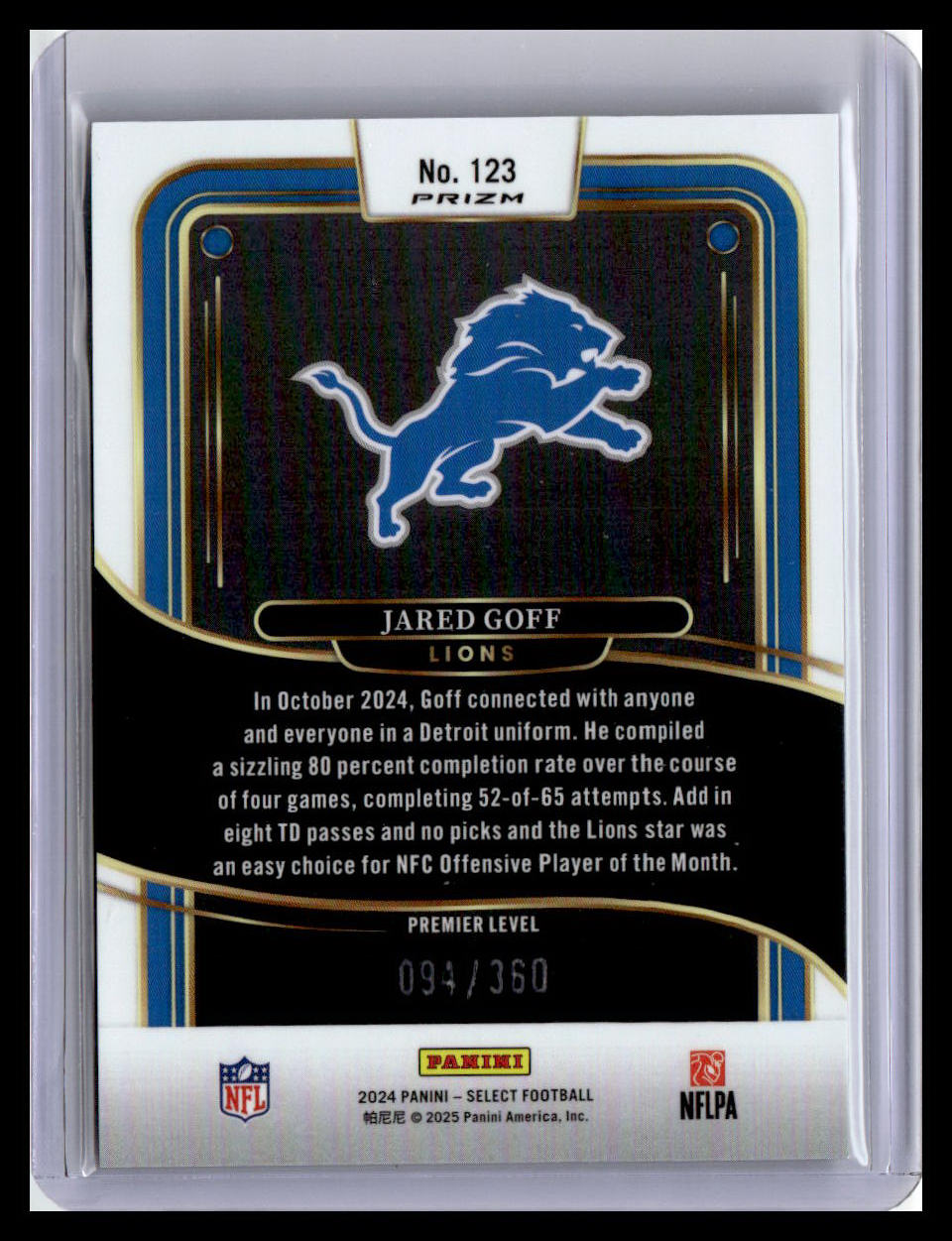 2024 Panini Select #123 Jared Goff Purple Prizm Shock #/360