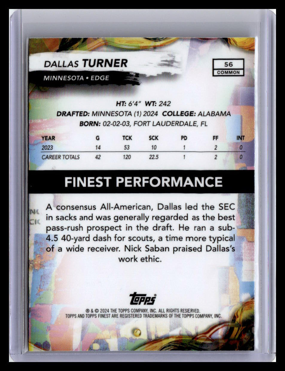 2024 Finest #56 Dallas Turner Checkerboard Refractor
