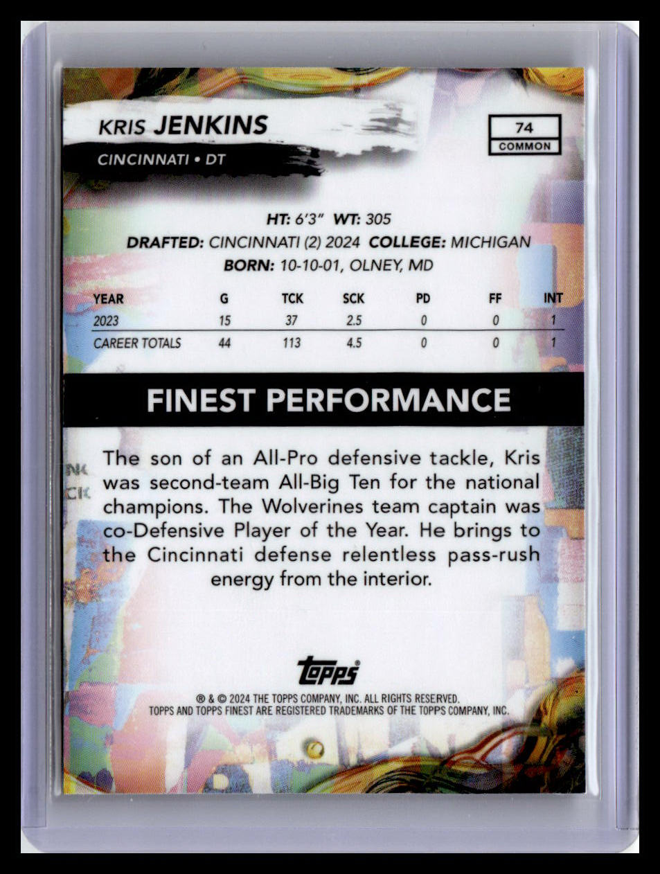 2024 Finest #74 Kris Jenkins Blue Refractor #/200