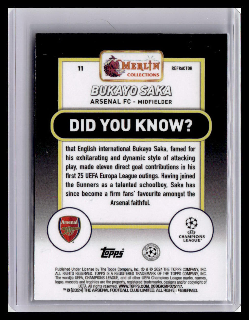 2023-24 Merlin UEFA Club Competitions #11 Bukayo Saka