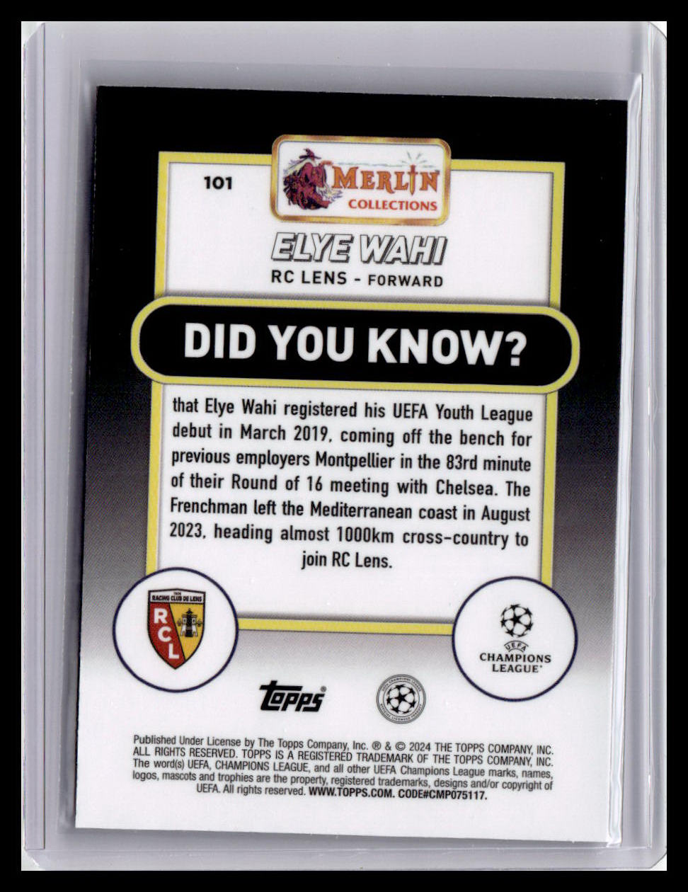 2023-24 Merlin UEFA Club Competitions #101 Elye Wahi