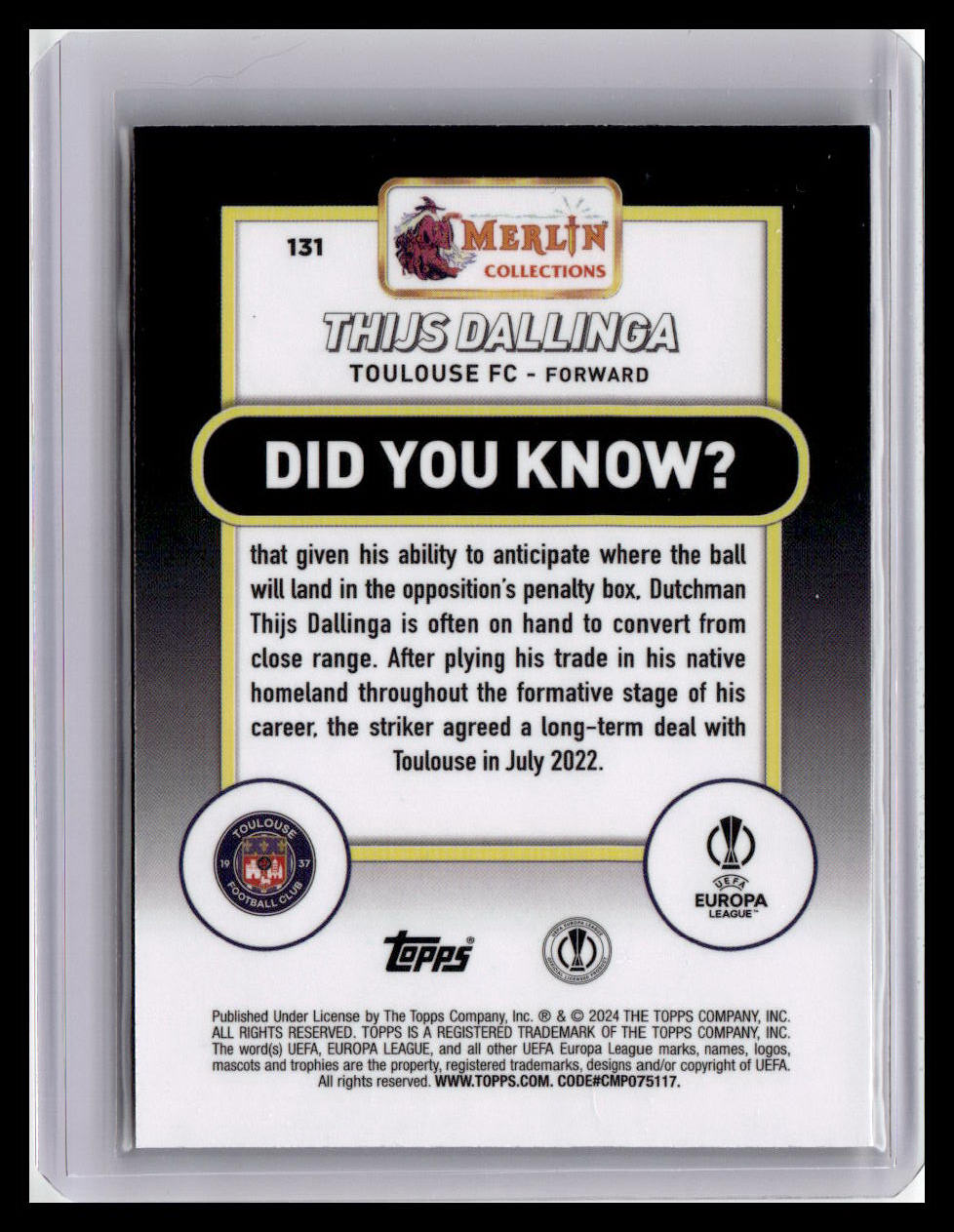 2023-24 Merlin UEFA Club Compe #131 Thijs Dallinga Yellow Shimmer Refractor