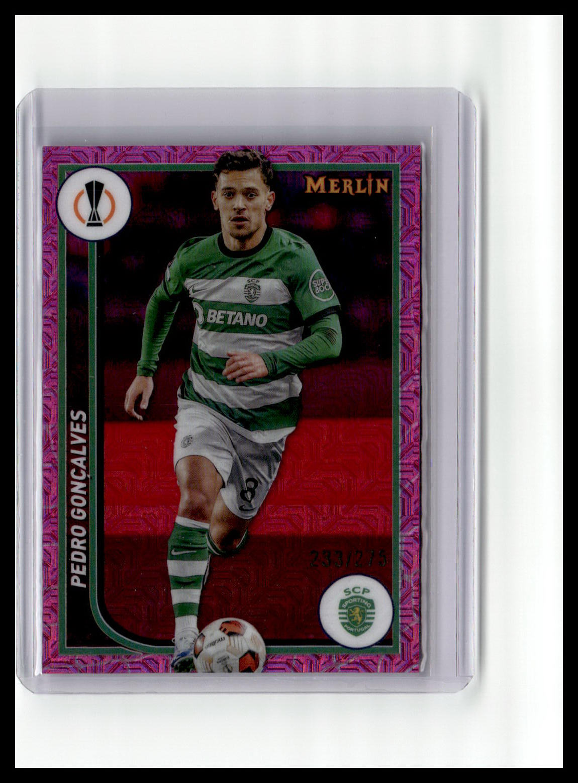 2023-24 Merlin UEFA Club Comp #115 Pedro Gonçalves Pink Mojo Refractor