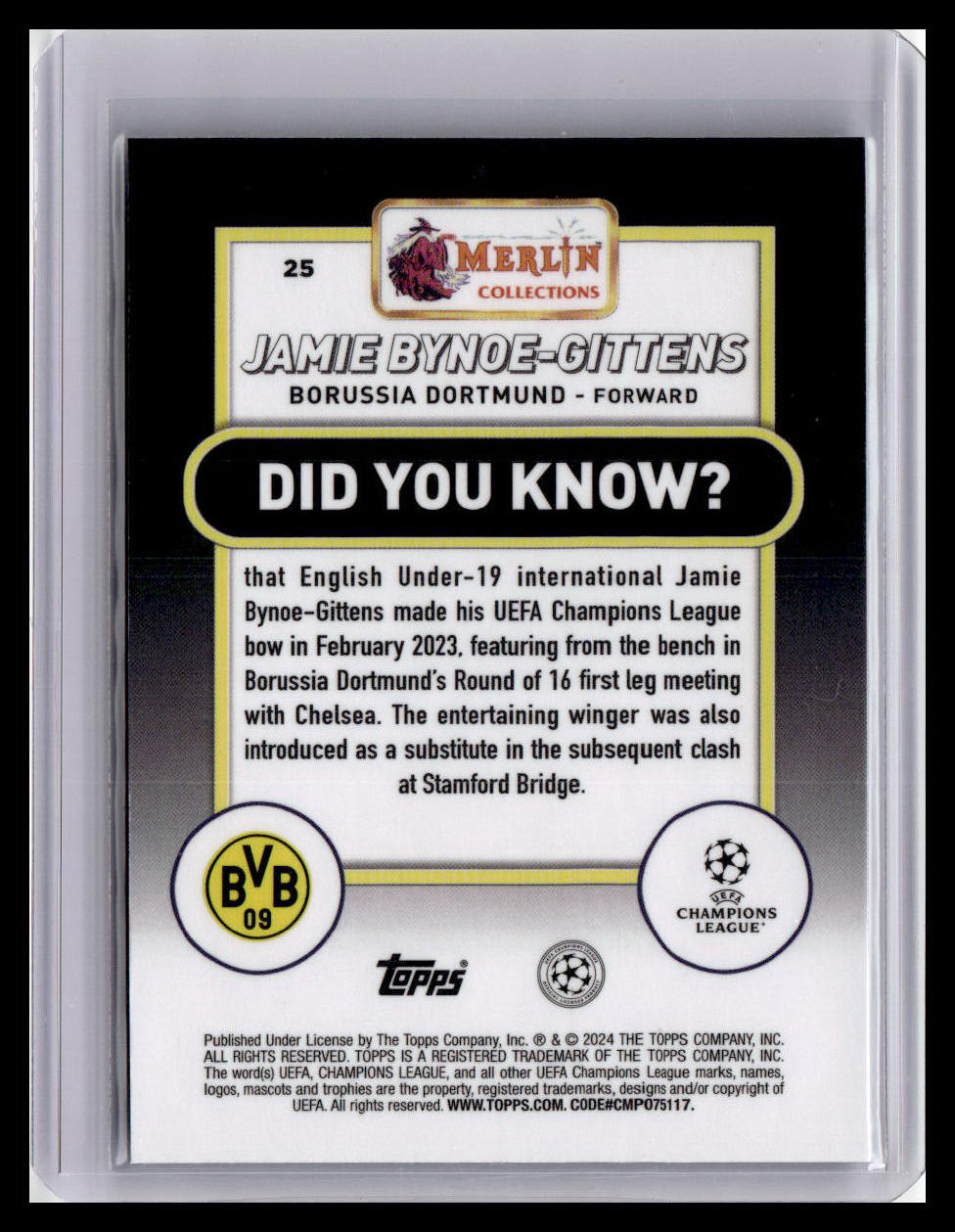 2023-24 Merlin UEFA Club Comp #25 Jamie Bynoe-Gittens Aqua Prism Refractor