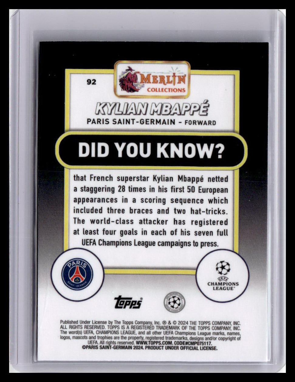 2023-24 Merlin UEFA Club Competitions #92 Kylian Mbappé Aqua Prizm