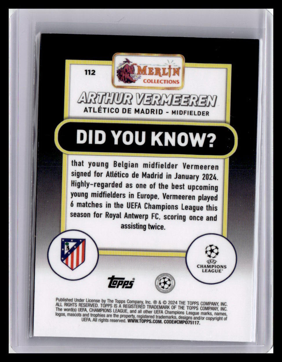 2023-24 Merlin UEFA Club Competitions #112 Arthur Vermeeren (RC) Aqua Prizm