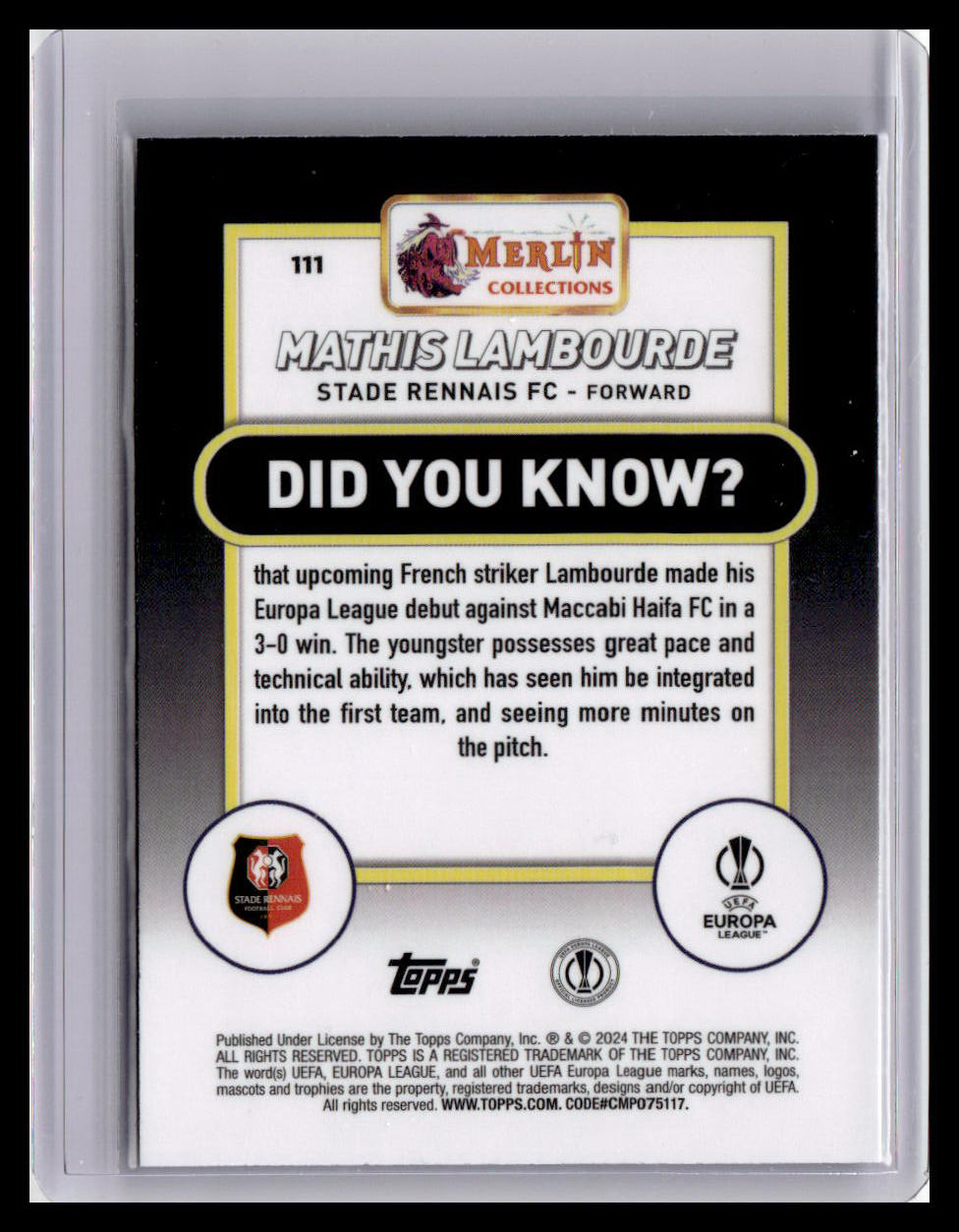 2023-24 Merlin UEFA Club Competitions #111 Mathis Lambourde (RC)