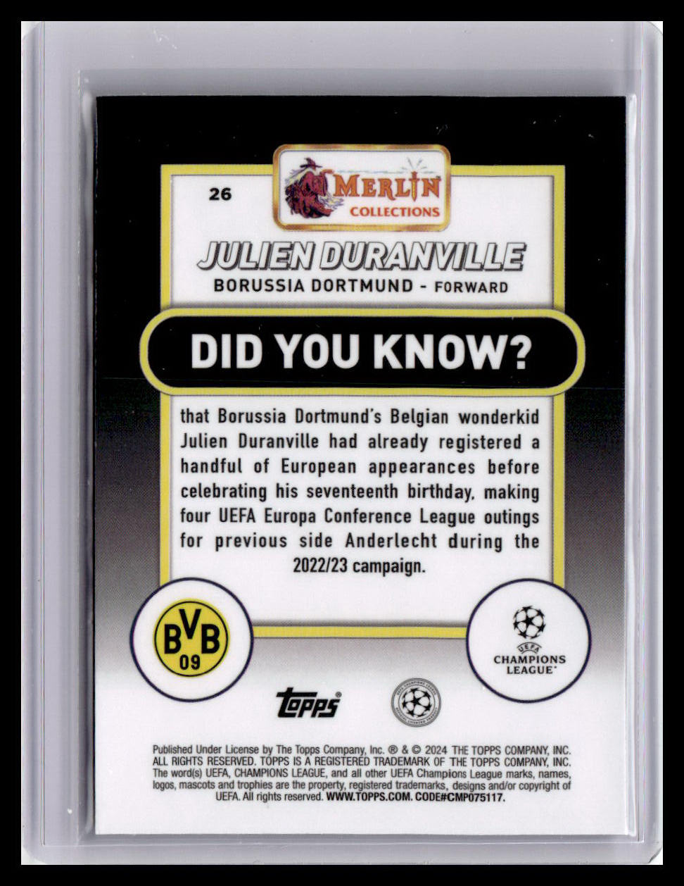 2023-24 Merlin UEFA Club Competitions #26 Julien Duranville (RC)