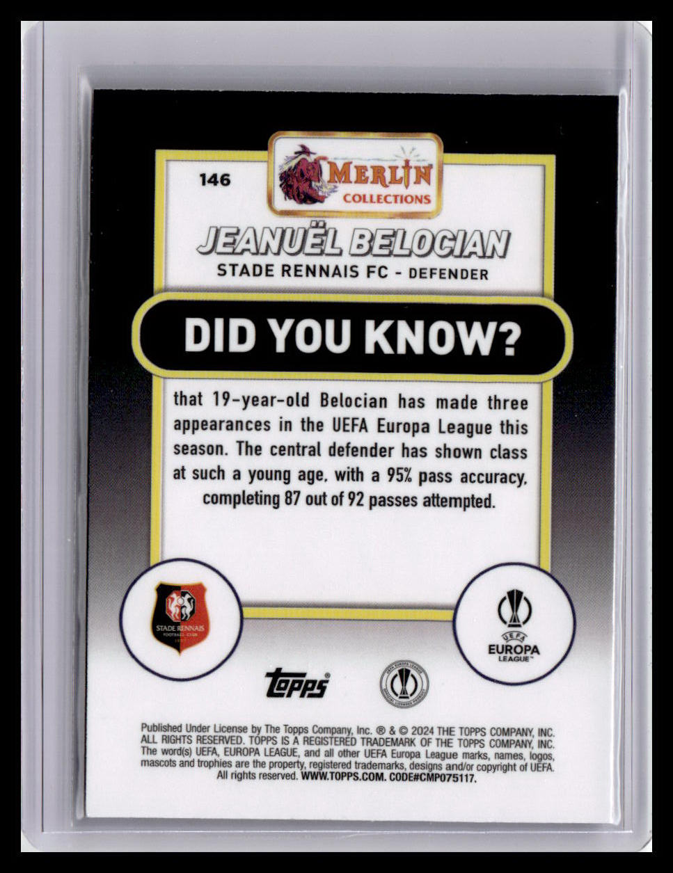 2023-24 Merlin UEFA Club Competitions #146 Jeanuël Belocian (RC)