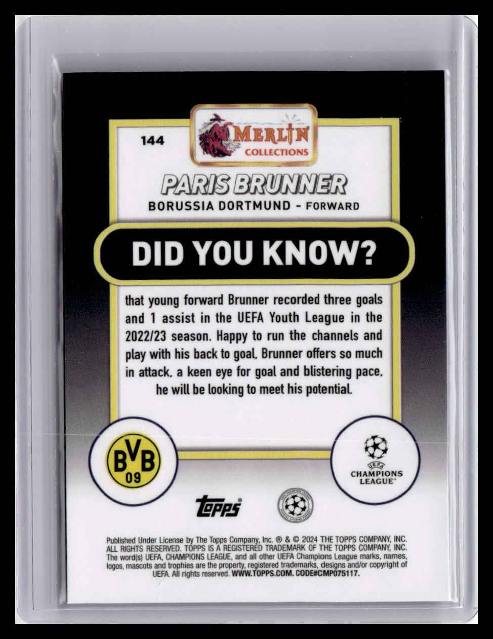 2023-24 Merlin UEFA Club Competitions #144 Paris Brunner (RC)