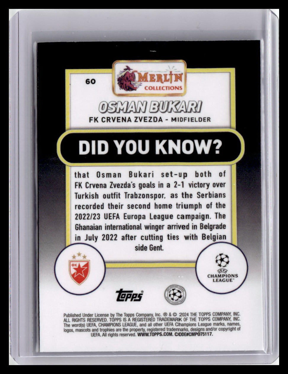 2023-24 Merlin UEFA Club Competitions #60 Osman Bukari (RC)