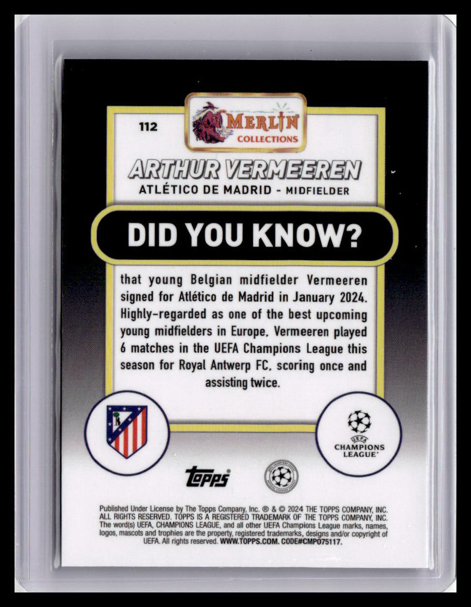 2023-24 Merlin UEFA Club Competitions #112 Arthur Vermeeren (RC)