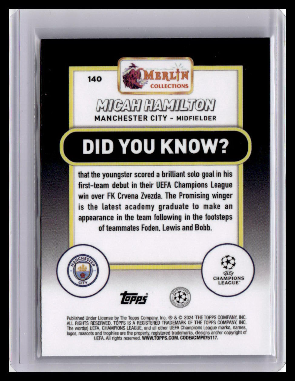2023-24 Merlin UEFA Club Competitions #140 Micah Hamilton (RC)
