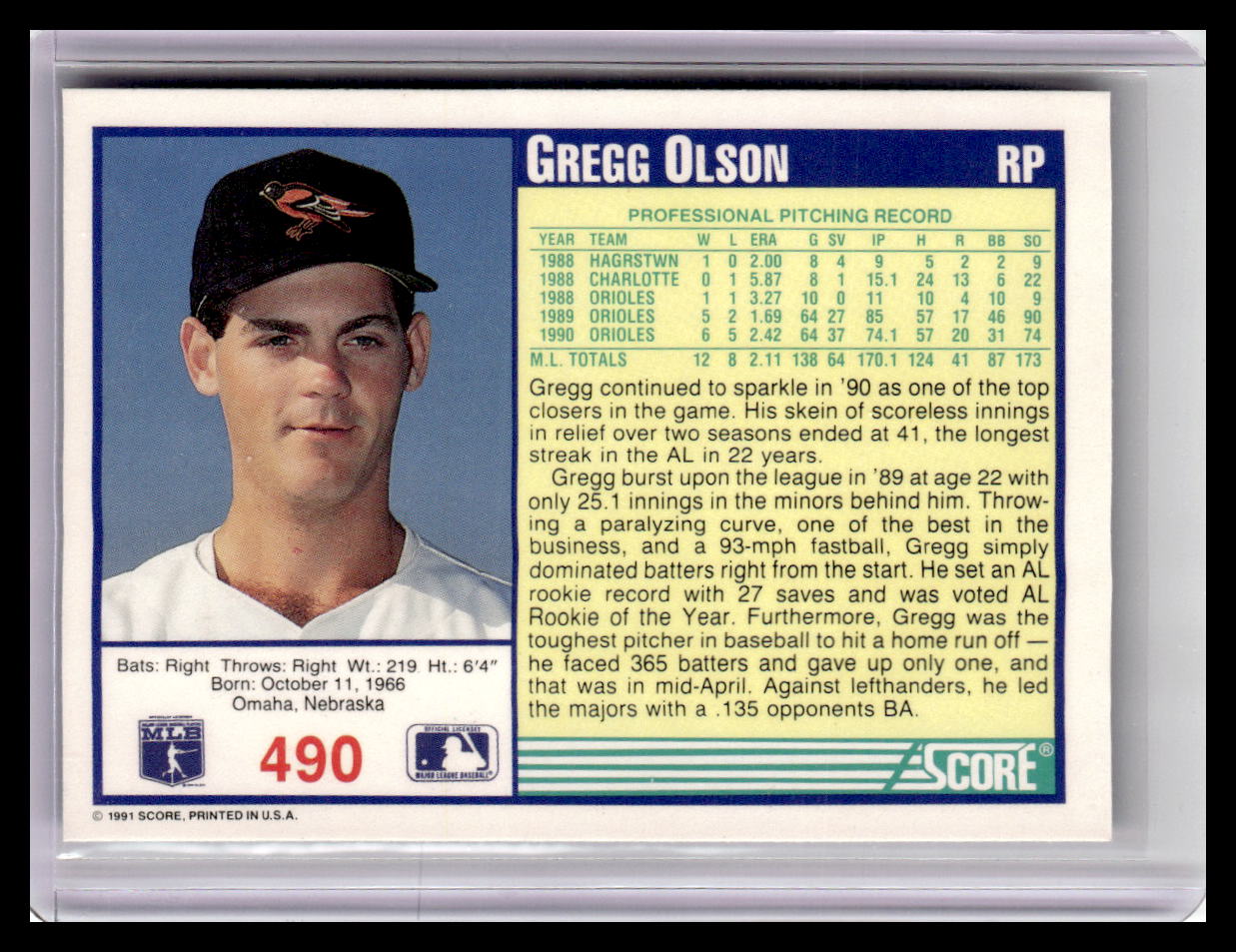 1991 Score #490 Gregg Olson