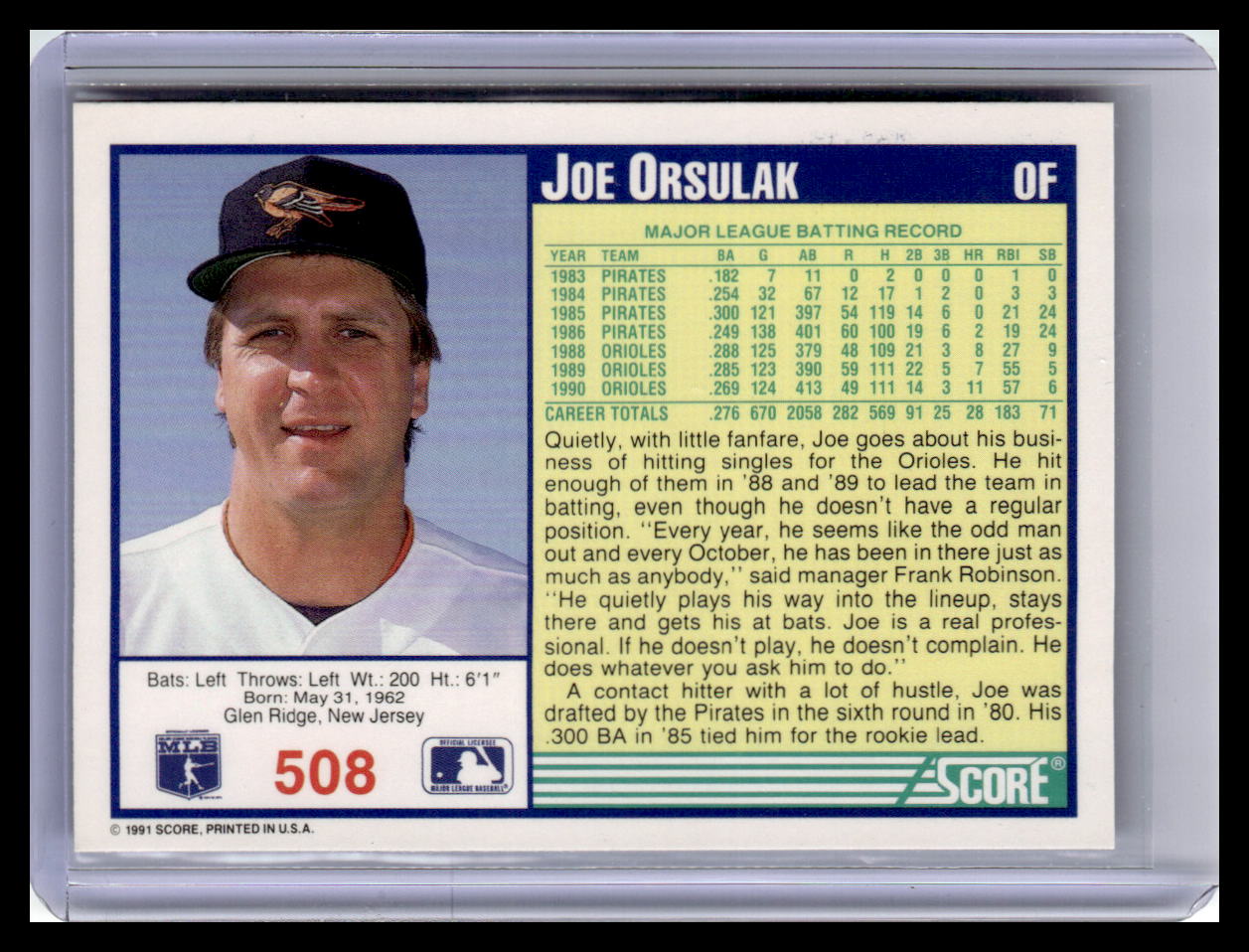 1991 Score #508 Joe Orsulak