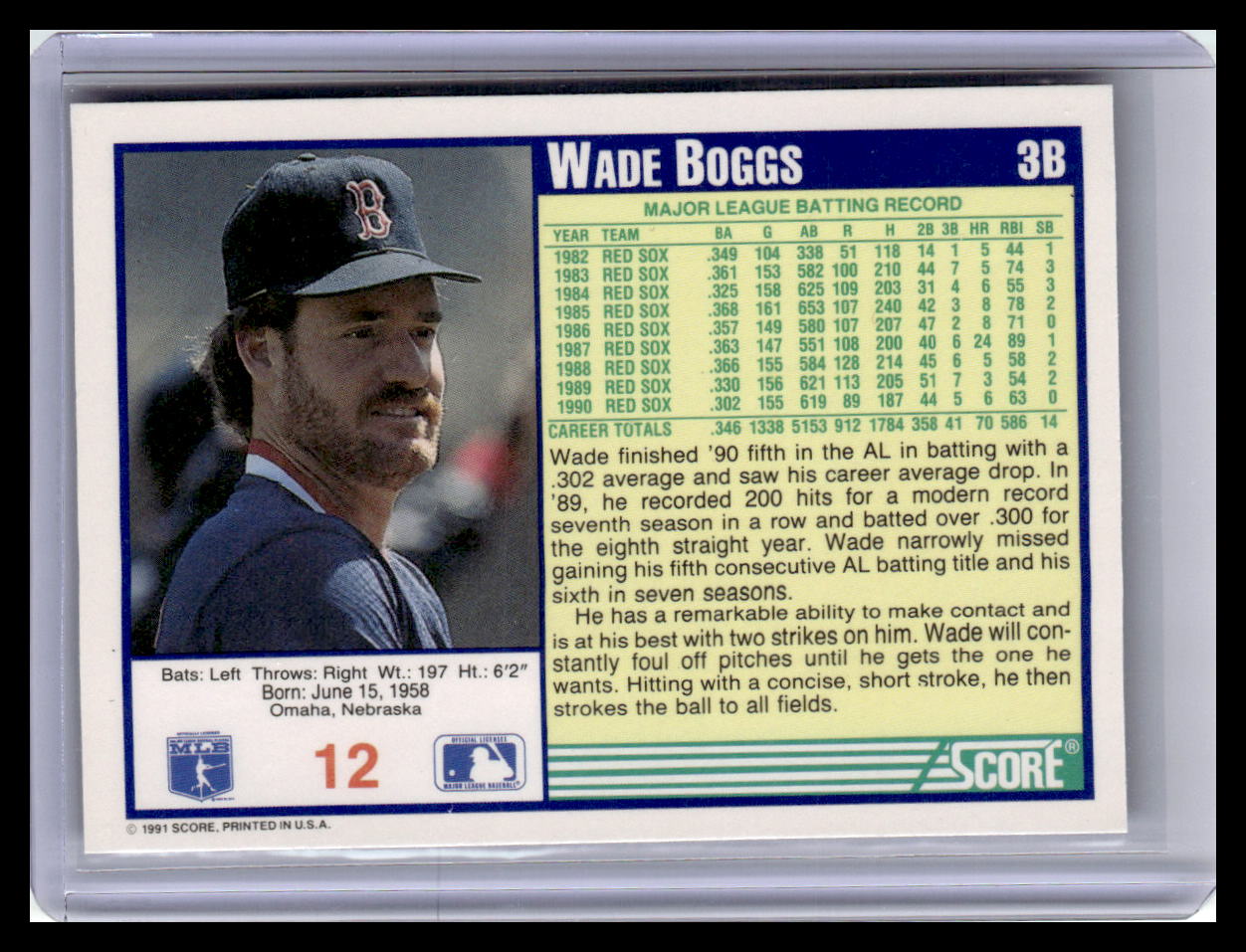 1991 Score #12 Wade Boggs