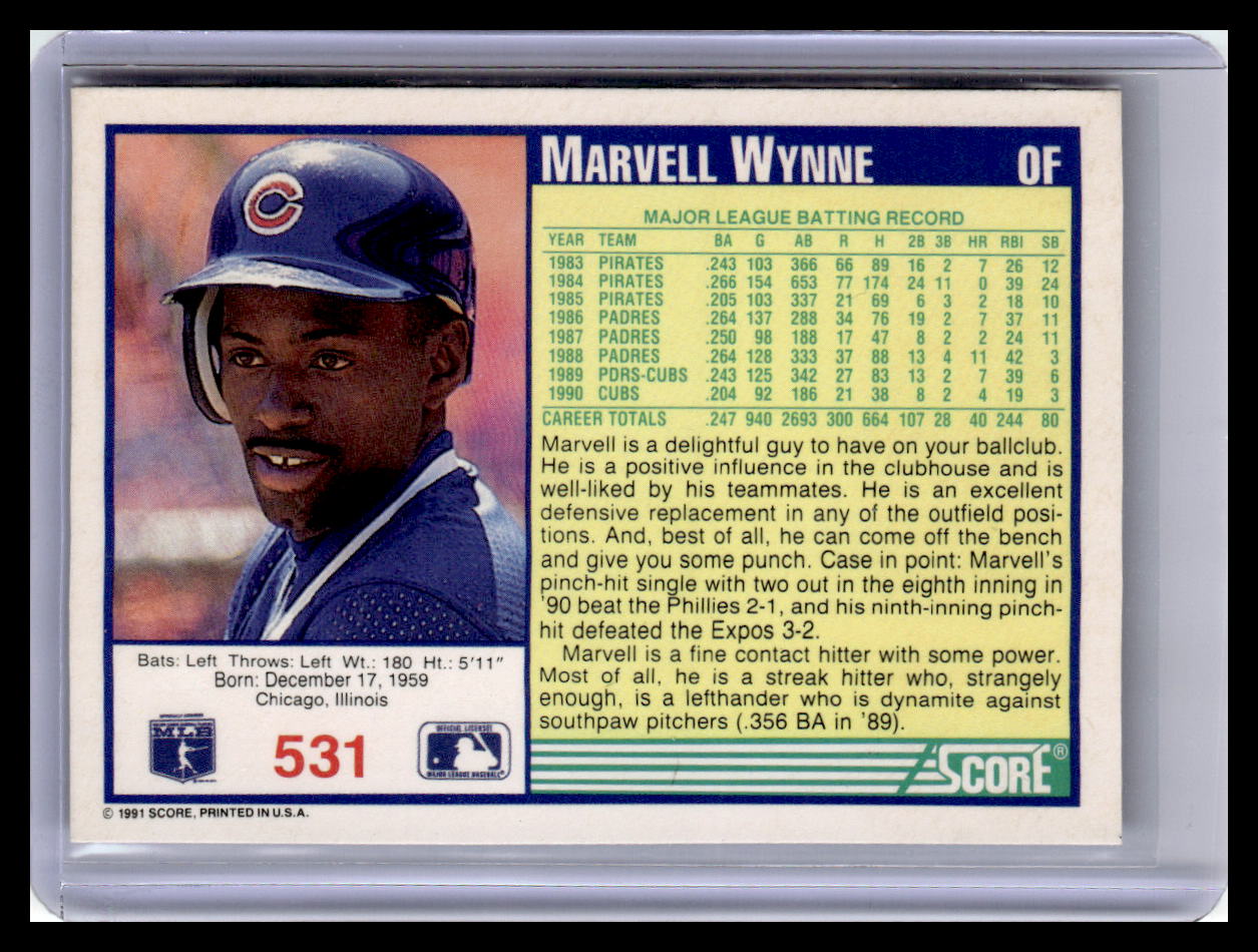 1991 Score #531 Marvell Wynne