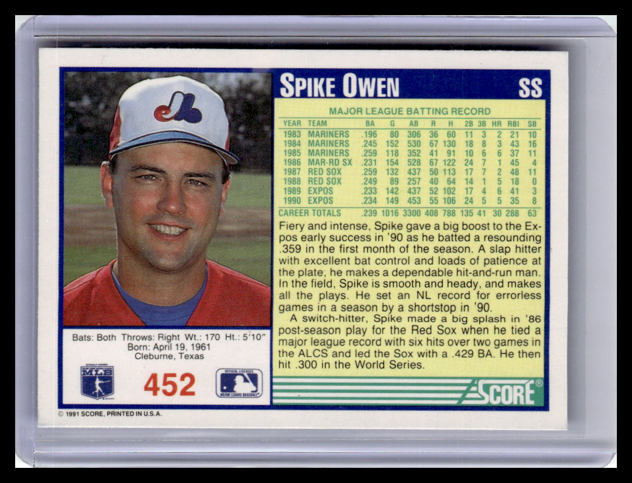 1991 Score #452 Spike Owen