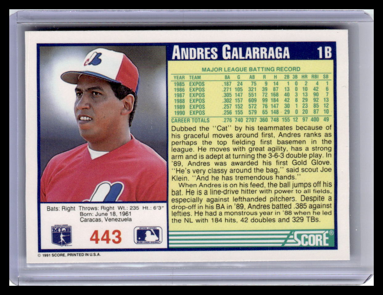 1991 Score #443 Andres Galarraga