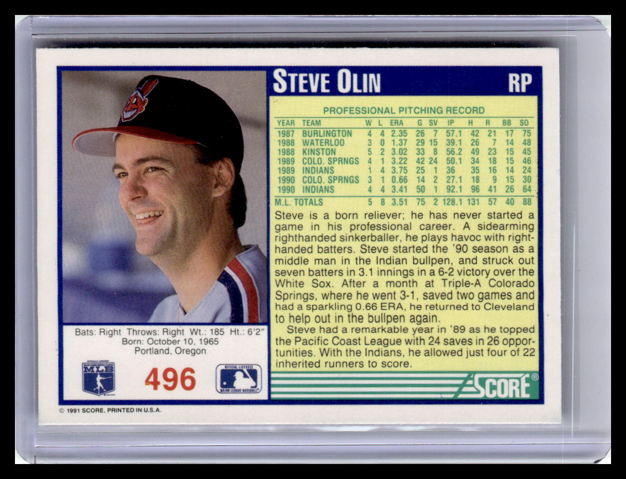 1991 Score #496 Steve Olin