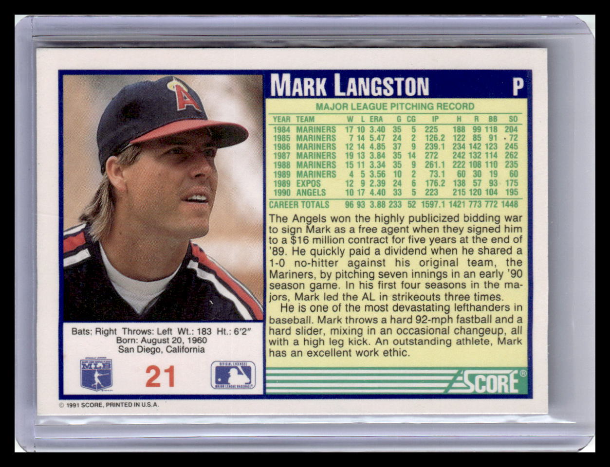1991 Score #21 Mark Langston