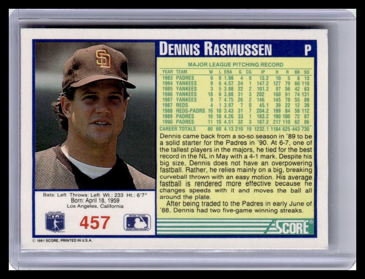 1991 Score #457 Dennis Rasmussen