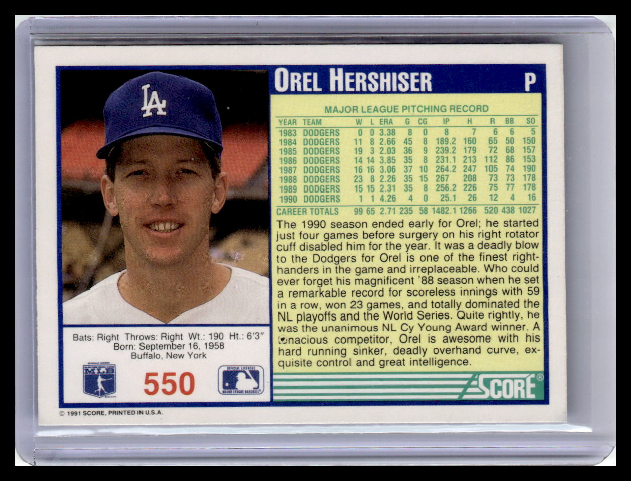 1991 Score #550 Orel Hershiser