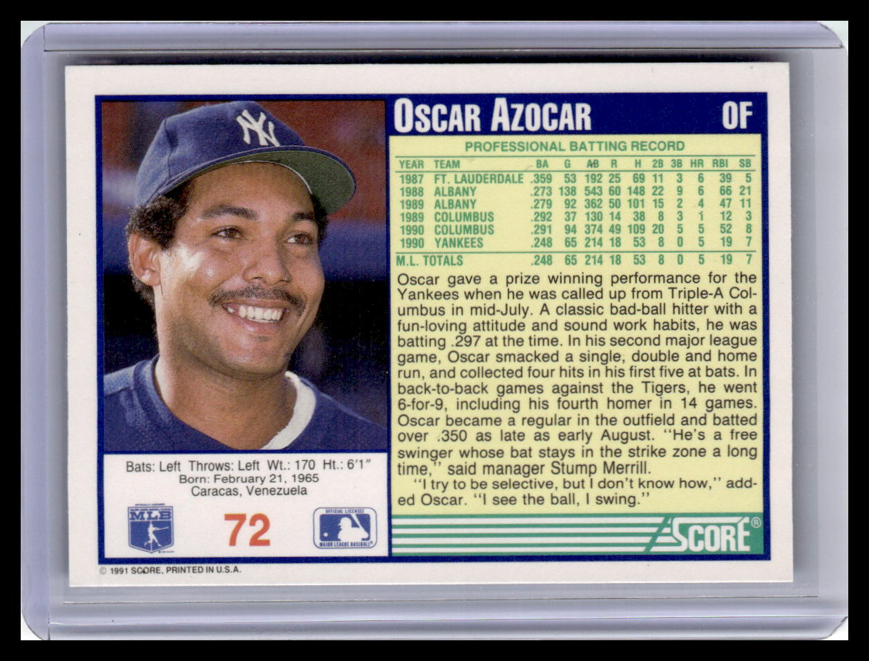 1991 Score #72 Oscar Azocar