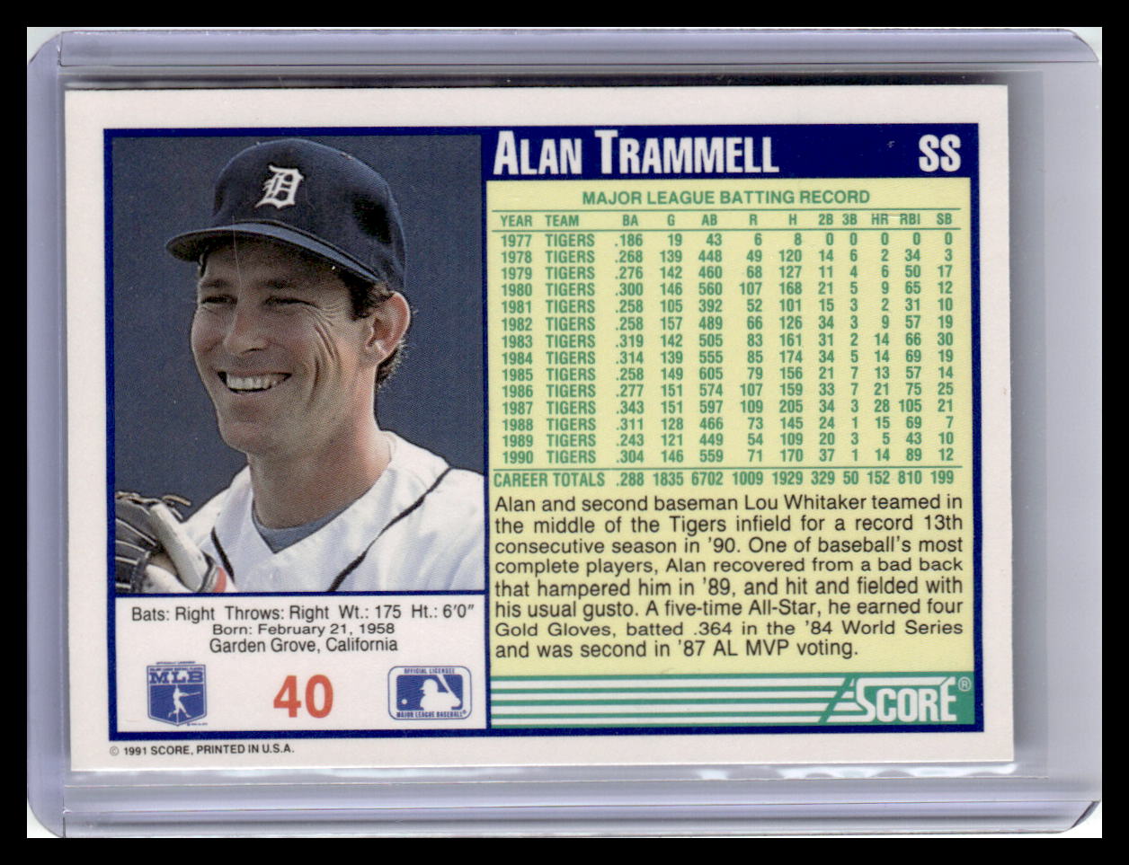1991 Score #40 Alan Trammell
