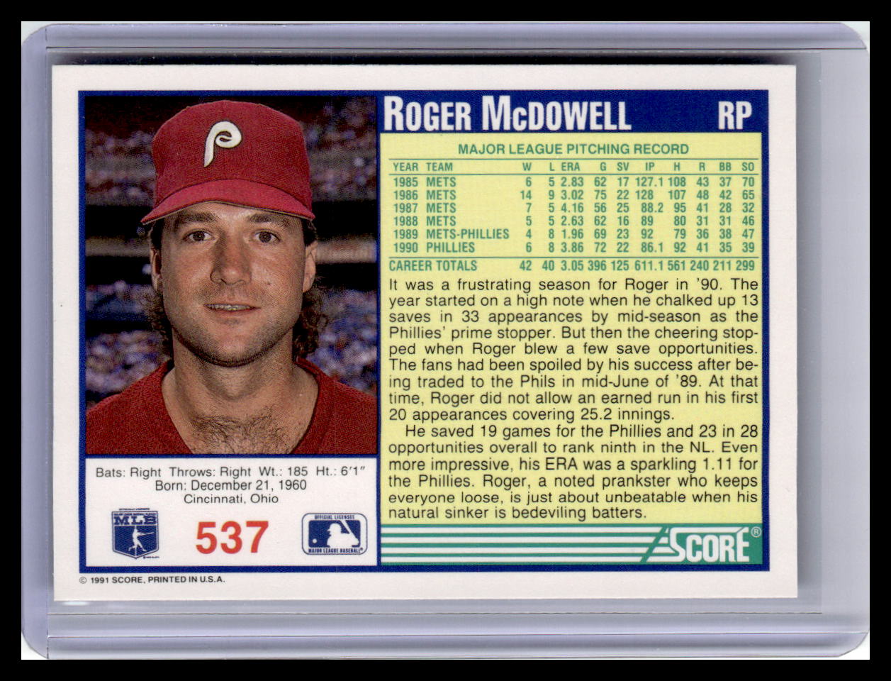 1991 Score #537 Roger McDowell
