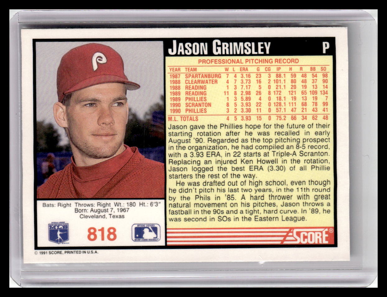 1991 Score #818 Jason Grimsley