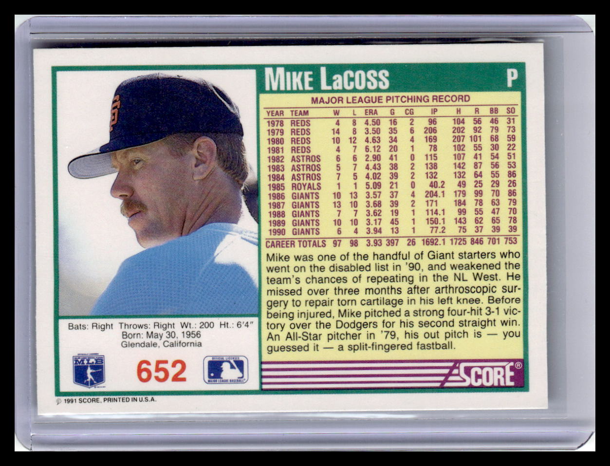 1991 Score #652 Mike LaCoss