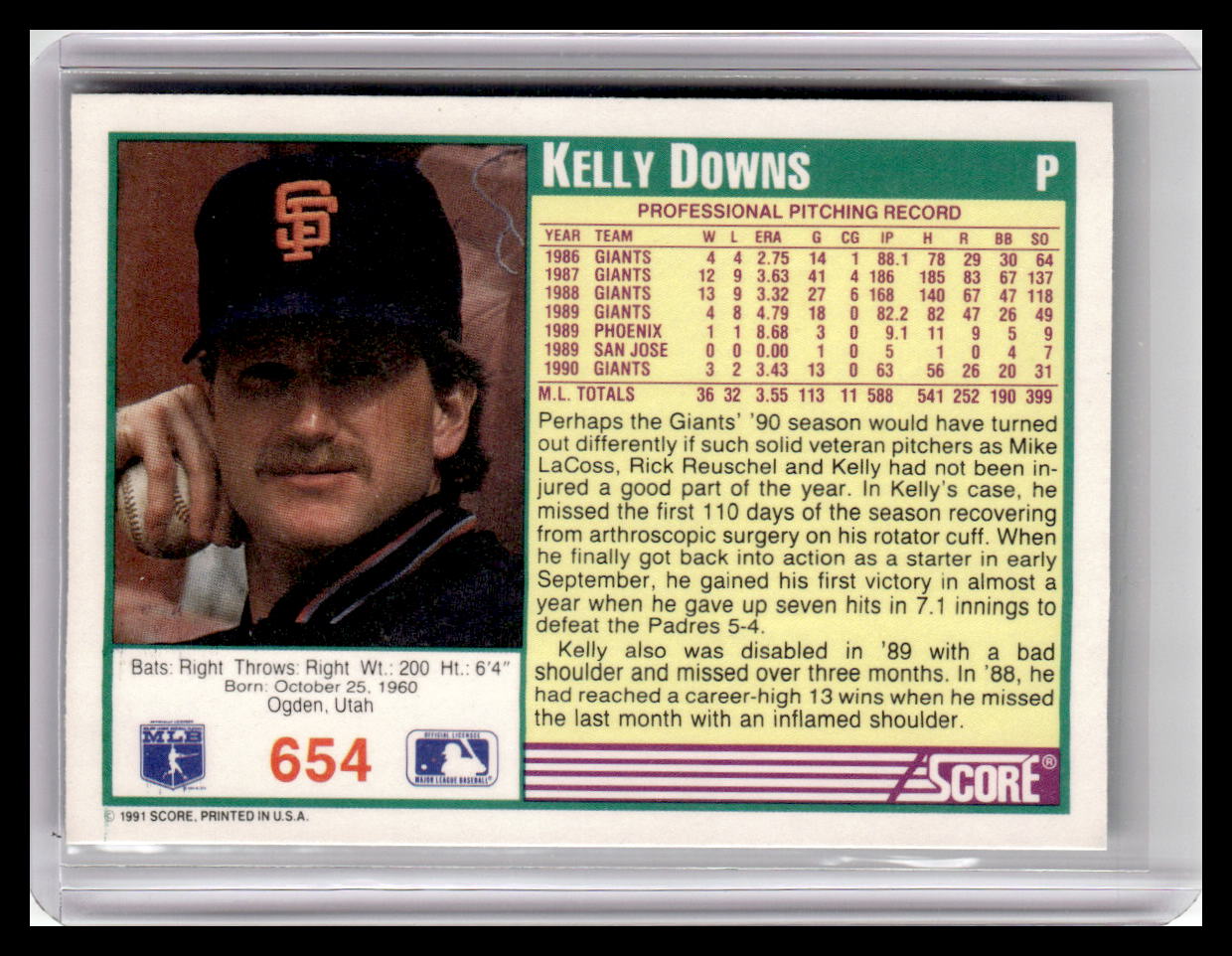 1991 Score #654 Kelly Downs