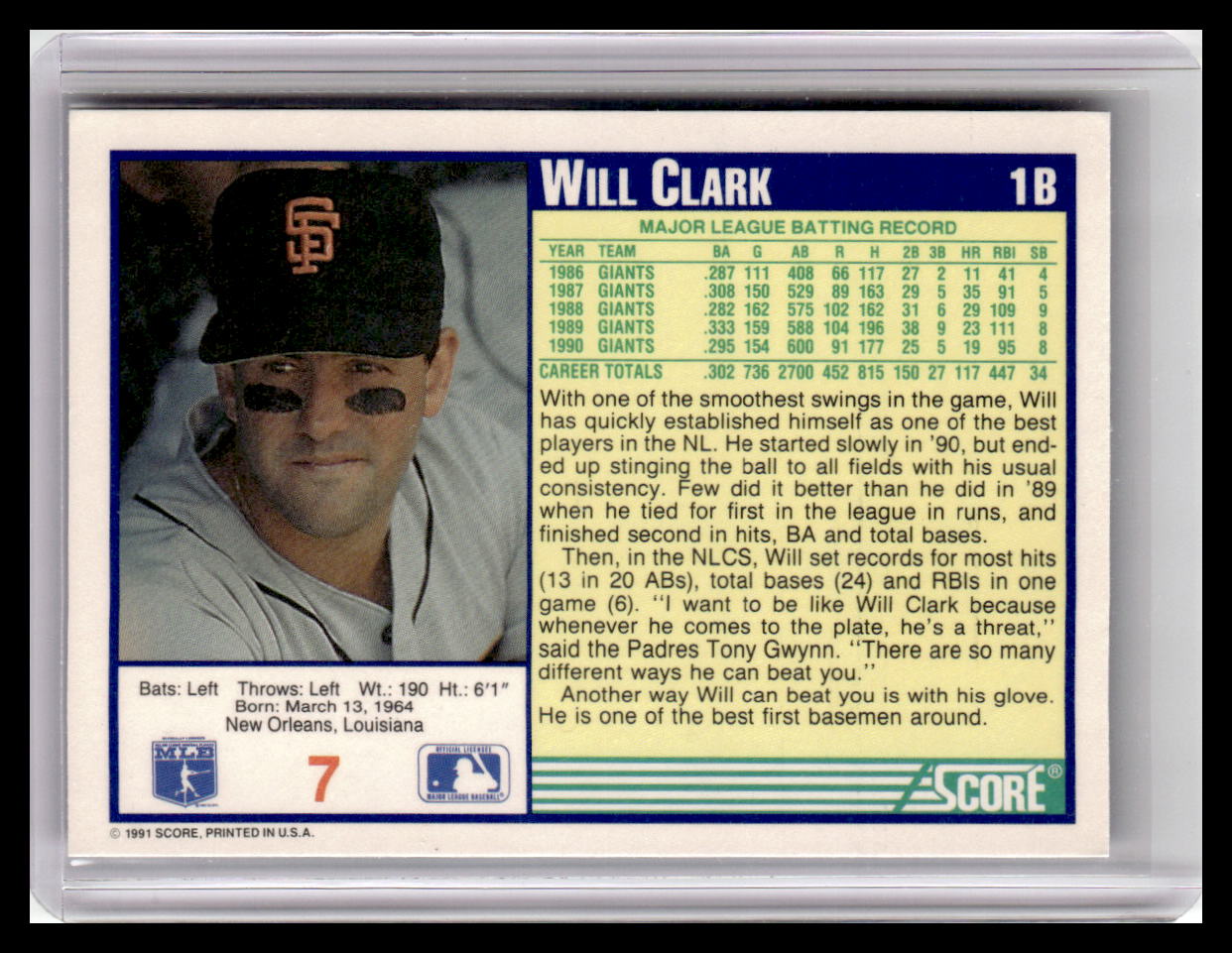 1991 Score #7 Will Clark